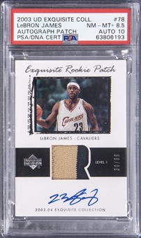 2003-04 UD "Exquisite Collection" Rookie Patch Autograph (RPA) #78 LeBron James Signed Patch Rookie Card (#30/99) – PSA NM-MT+ 8.5, PSA/DNA 10 – LeBrons First "Exquisite Collection" Rookie Card!